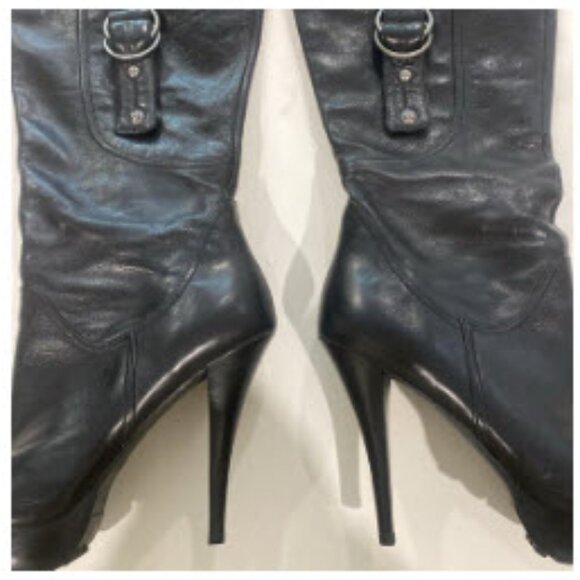 Guess Hearne Black Leather Knee-High Stiletto Boots Size 7.5 calf panel - Picture 12 of 16
